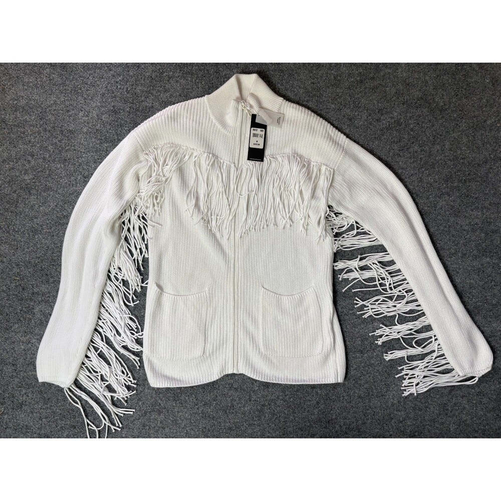 Minnie Rose CFull Zip Jacket Womens Medium White Fringed NEW MSRP $317 Knit